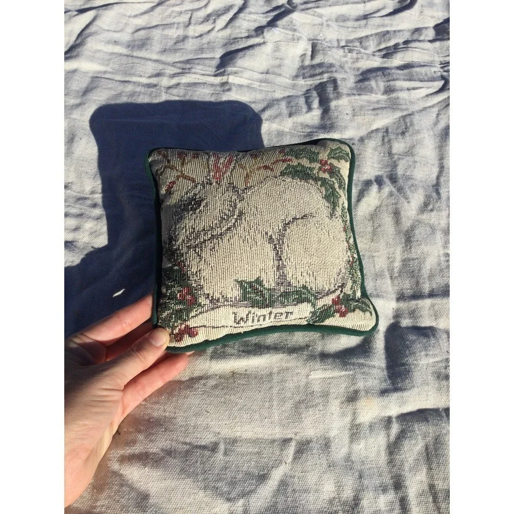 Vtg bunny square tapestry pillow 8” winter Easter rabbit‎ farmhouse green white